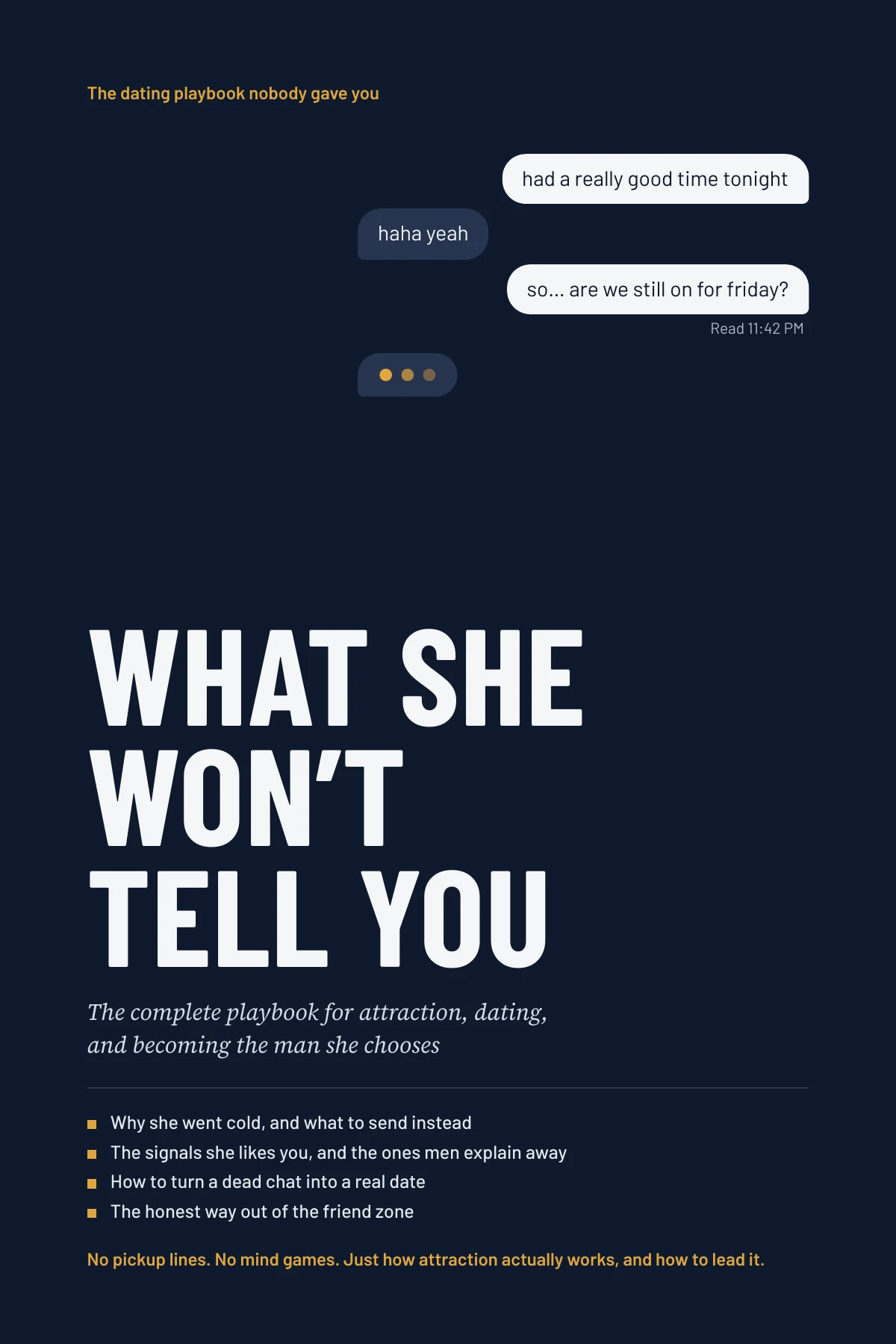 What She Won’t Tell You: The complete playbook for attraction, dating, and becoming the man she chooses. Book cover.